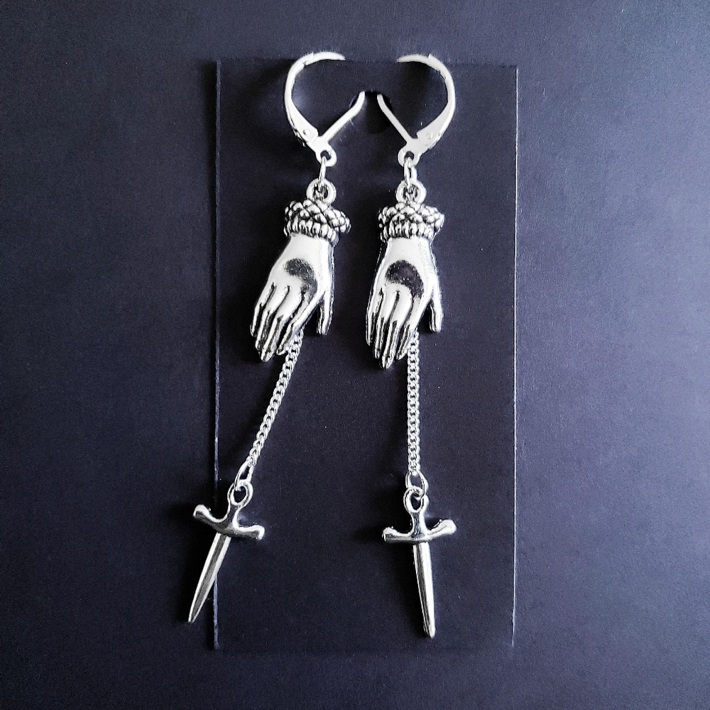 Silver Hand Dagger Chain Earrings